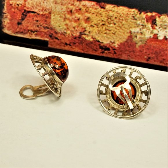 LARGE BALTIC AMBER CABOCHONS 925 SILVER CLIP ON ROUND EARRINGS, GIFT FOR WOMEN - Picture 8 of 9